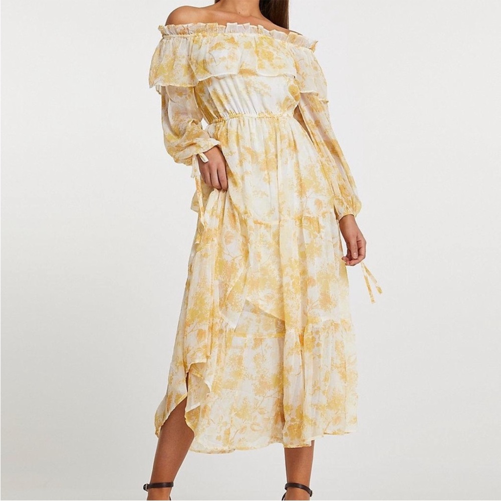 River Island Floral Long Sleeve Off the Shoulder Maxi Dress Size 8